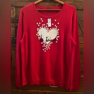 NWT Talbots XL Embellished Heart French Flair Je Tamie Red Pop Crewneck Sweater